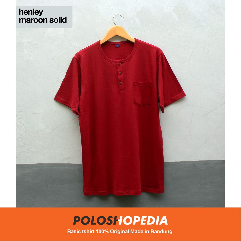 Jual Kaos Polos Saku Kancing Marun Solid Pria Wanita Henley Maroon