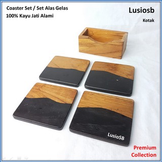 Jual Lusiosb Coaster Set Duotone Kayu Jati Alas Gelas Kayu Tatakan