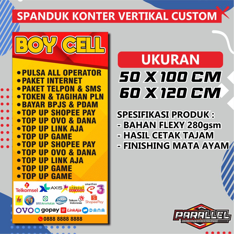 Jual SPANDUK KONTER CUSTOM BANNER KONTER CUSTOM SPANDUK COUNTER PULSA