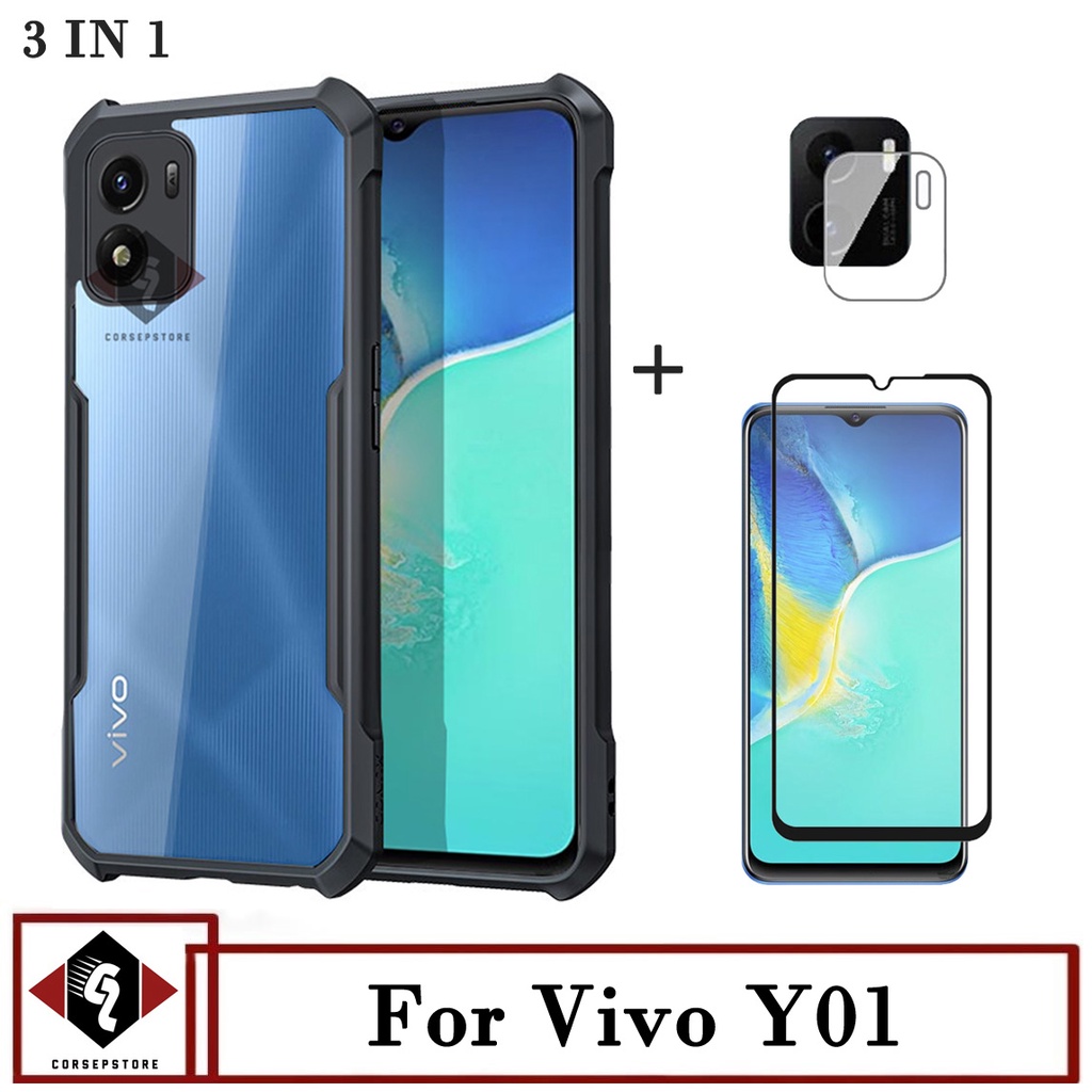 Jual Promo Paket 3 IN 1 Case Transparan Vivo Y01 Free Tempered Glass