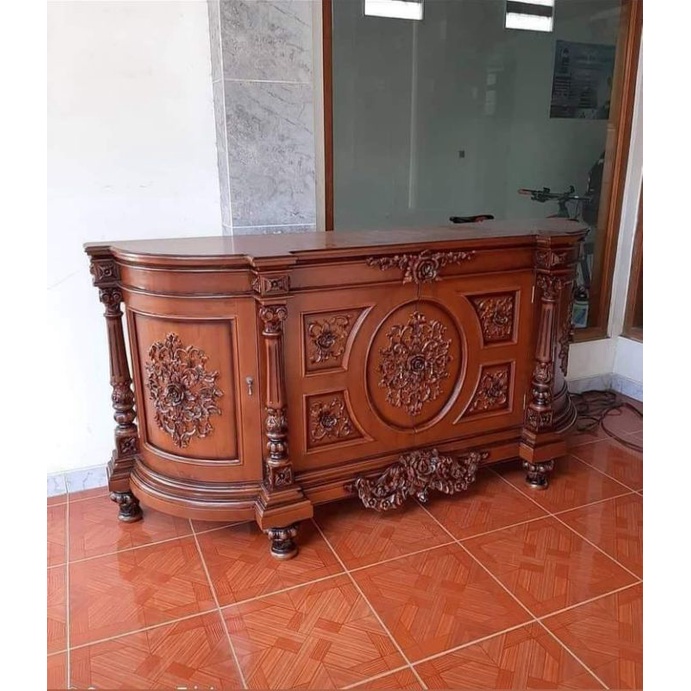 Jual Buffet Meja Tv Jepara Asli Model Nusantara Lengkung Panjang 2