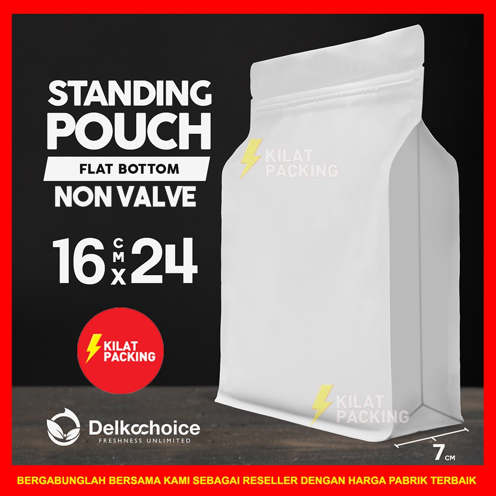 Jual Standing Pouch Kemasan Flat Bottom Non Valve Putih Plastik Klip