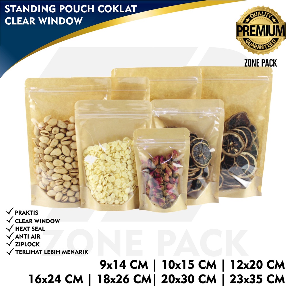 Jual Standing Pouch Craft Full Clear Windows Warna Coklat Beberapa