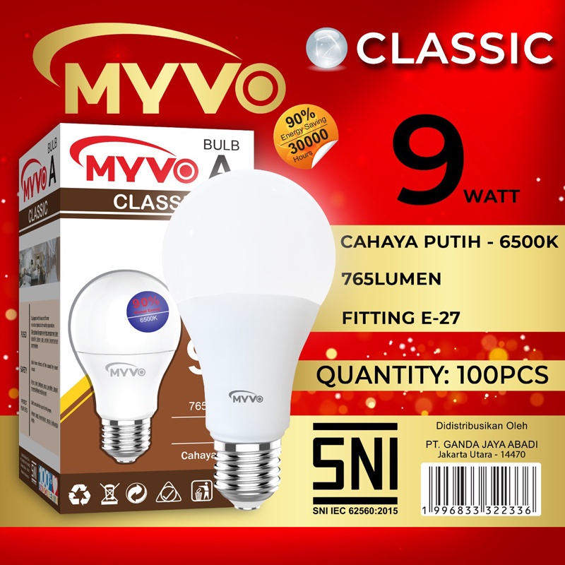 Jual MYVO CLASSIC BULB A 9W LAMPU BOHLAM BULAT TERMURAH HEMAT ENERGI