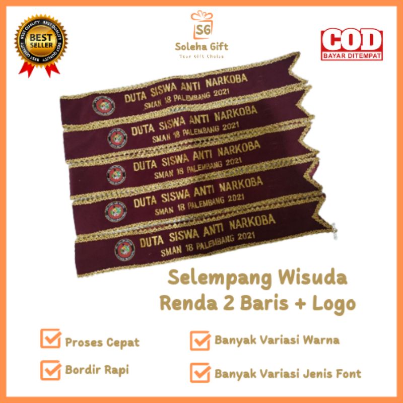 Jual Selempang Wisuda Bludru Renda 2 Baris Logo Bordir Nama Custom