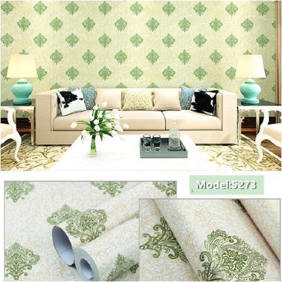 Jual Wallpaper Dinding Motif Batik Hijau Cream Classic Ukuran 10mx45cm