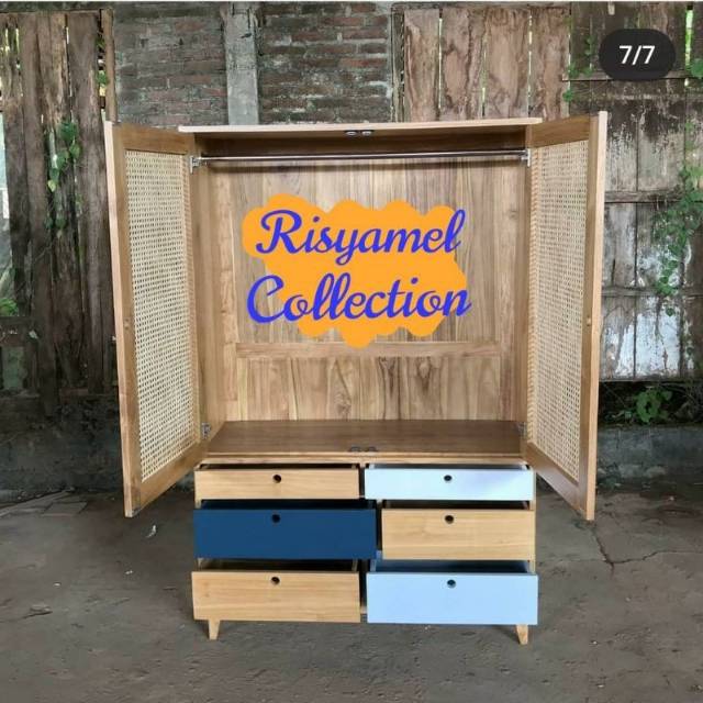 Jual Lemari Pakaian Minimalist Modern Kayu Jati Rotan Kayu MAhoni Mix