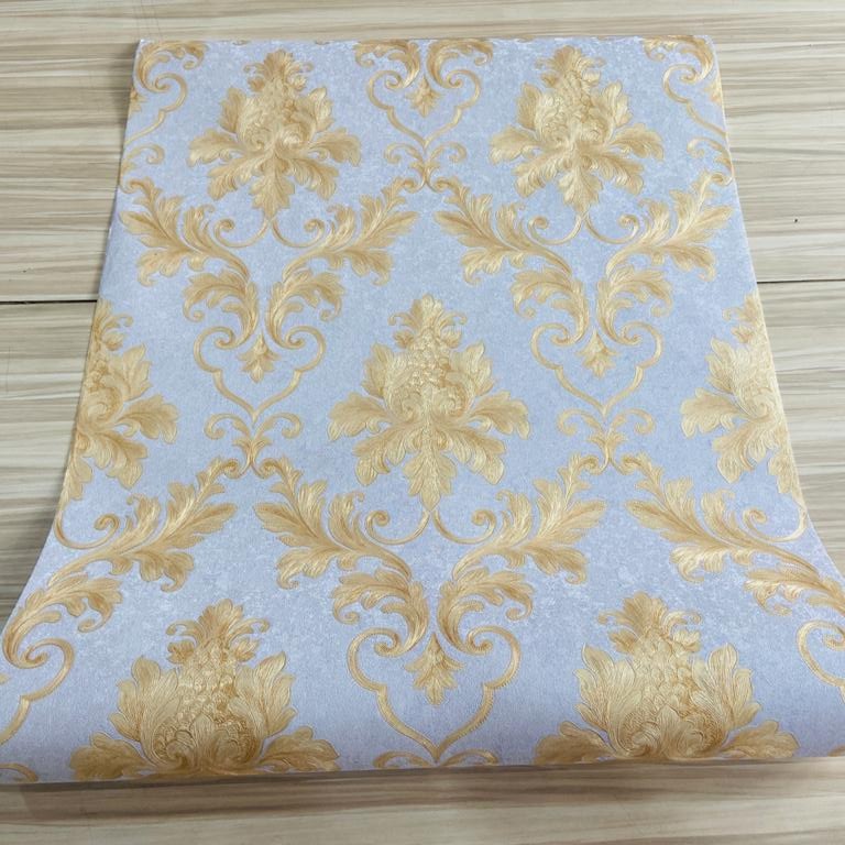 Jual Wallpaper Vinyl Klasik Damask Abu Kebiruan Batik Gold Timbul Mewah