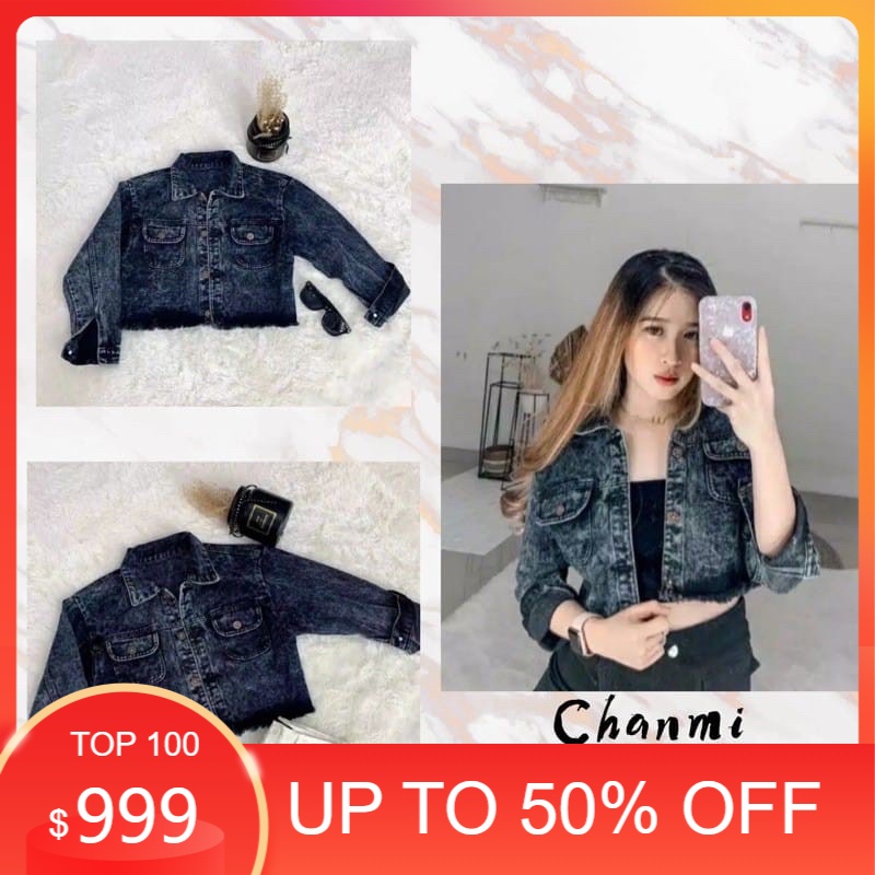 Jual Jaket Jeans Wanita Chanmi Crop Rawis Snow Black Bahan Tebal