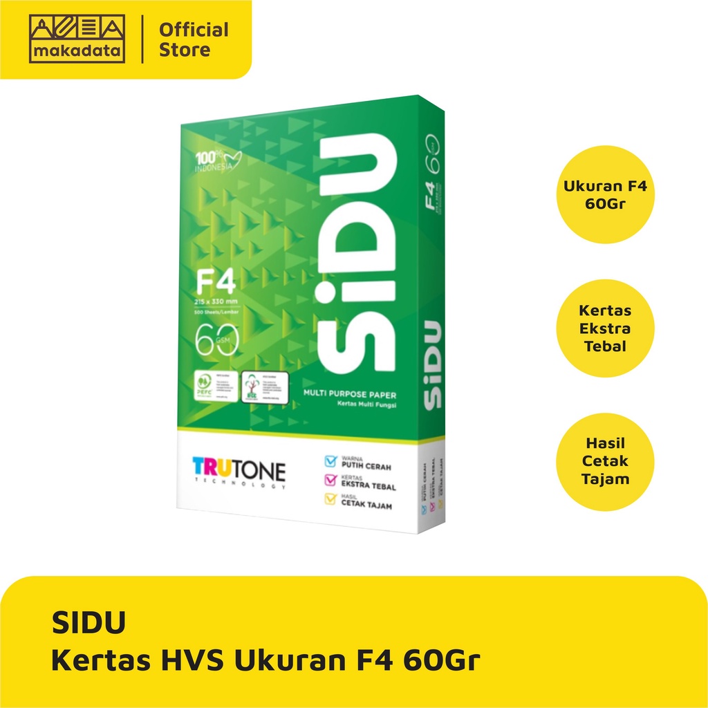 Jual KERTAS HVS PRINT FOTOCOPY SIDU F4 60 GRAM 1 RIM MURAH