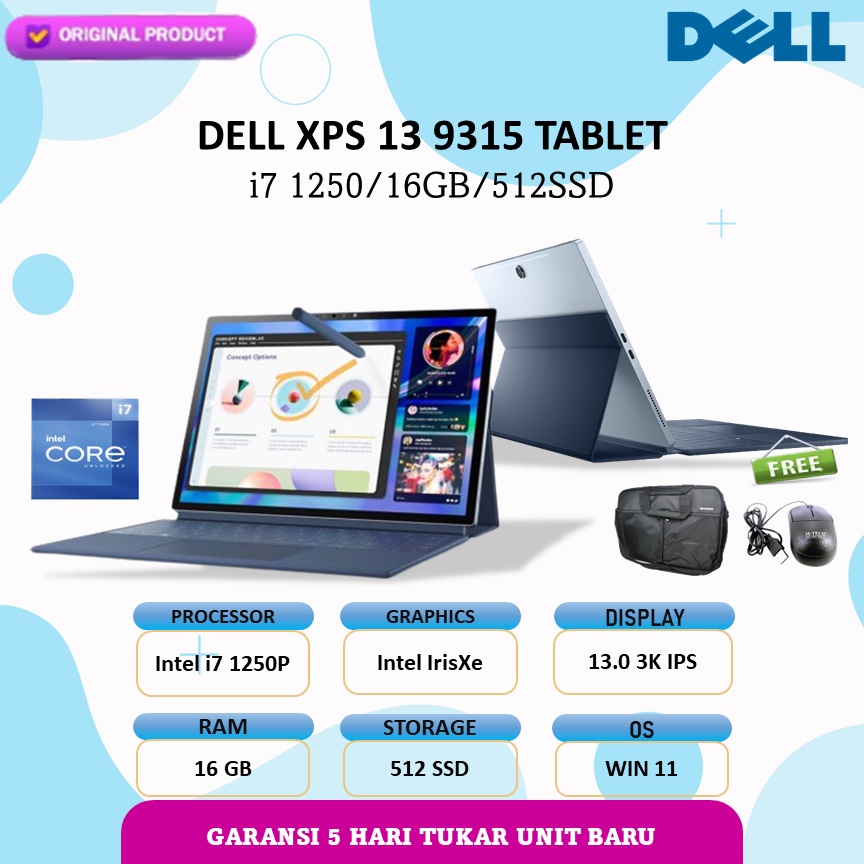 Jual DELL XPS 13 9315 TABLET 3K 2IN1 TOUCH I7 1250 16GB 512SSD W11 13 0