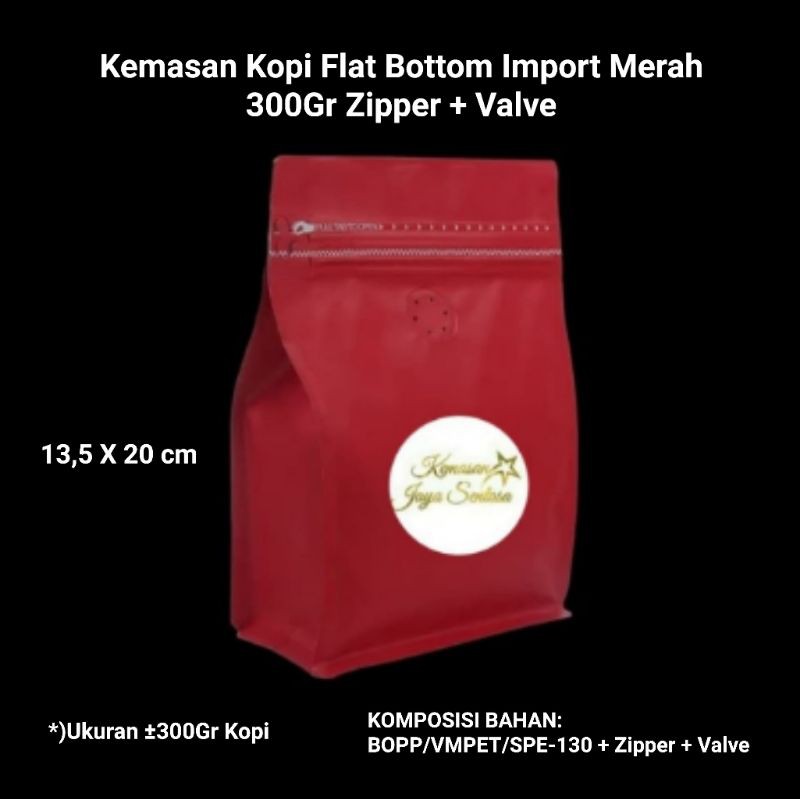 Jual Kemasan Kopi Flat Bottom Import Merah 300ZV Gram Standing Pouch