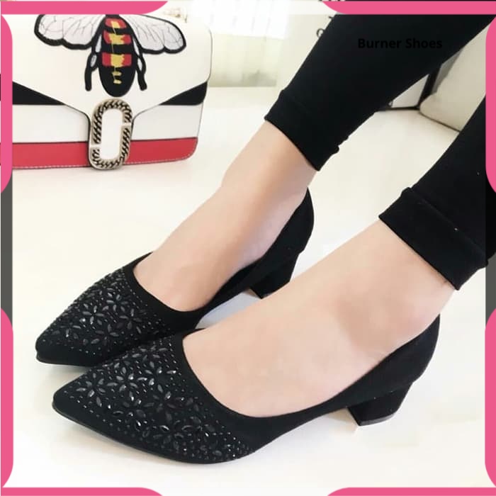 Jual SEPATU WANITA HAK TAHU PUMP BALET PANTOPEL HITAM TINGGI 5 CM