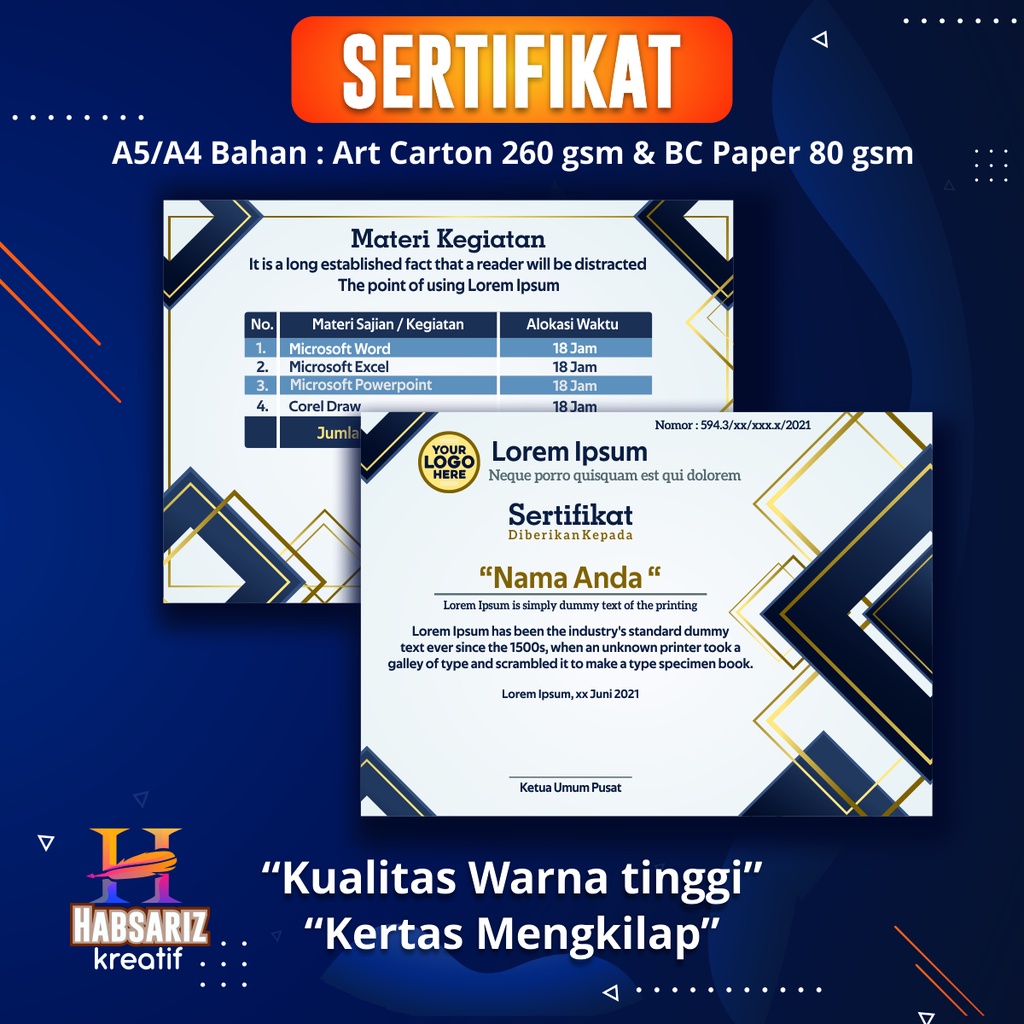 Jual CUSTOM CETAK SERTIFIKAT UKURAN A4 A5 BISA CETAK NAMA DATA