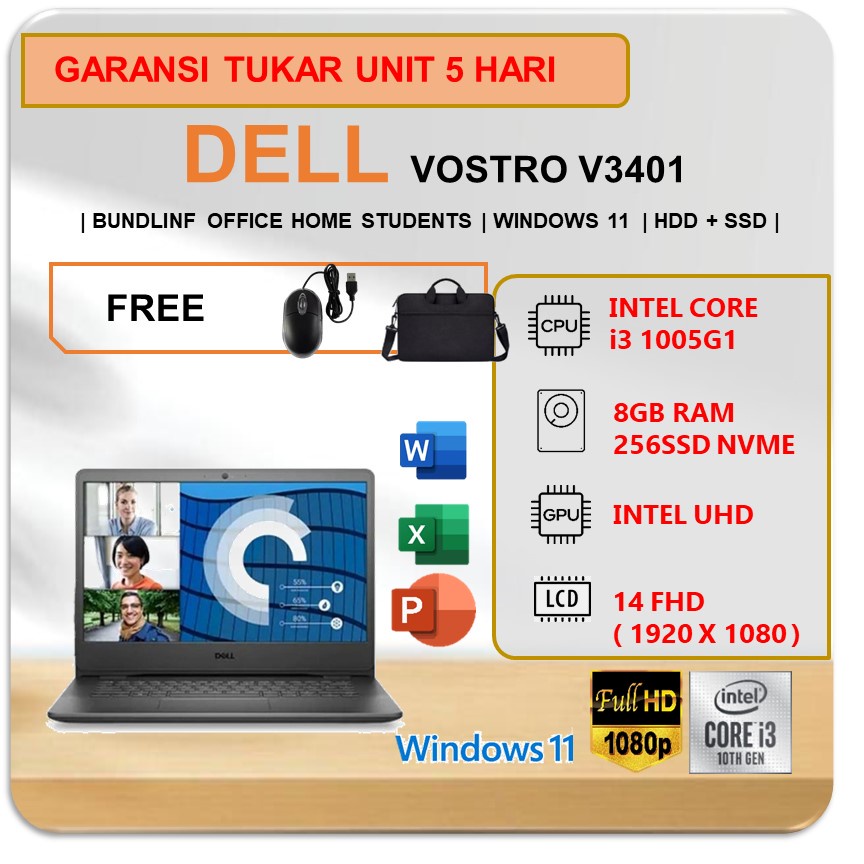 Jual LAPTOP DELL VOSTRO V3401 I3 1005G1 8GB 256SSD W11 FREE OHS 14 0FHD