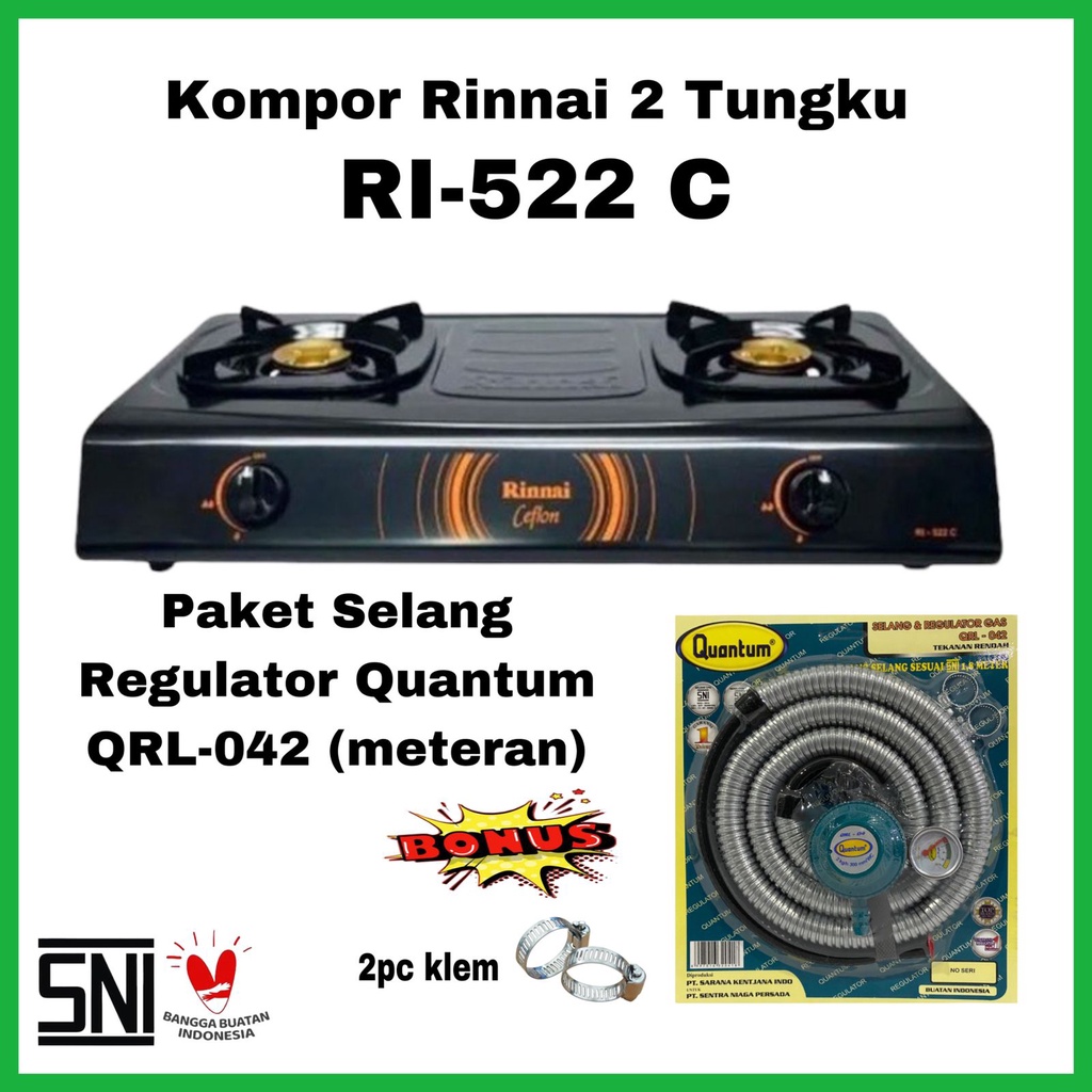 Jual Paket Kompor Gas Rinnai 2 Tungku RI 522C Bonus Selang Regulator