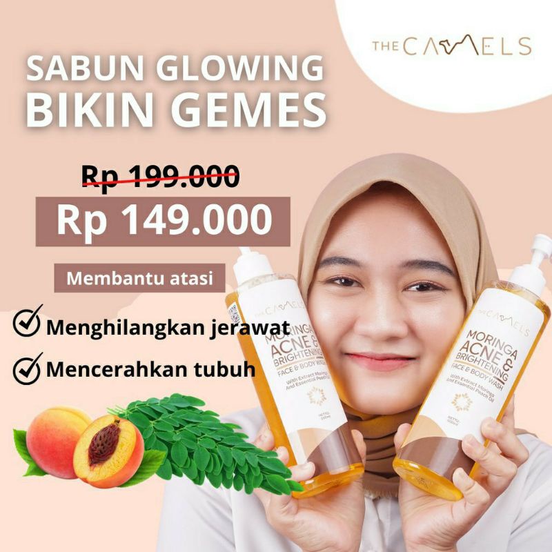 Jual THE CAMELS MORINGA ACNE AND BRIGHTENING FACE AND BODY WASH SABUN