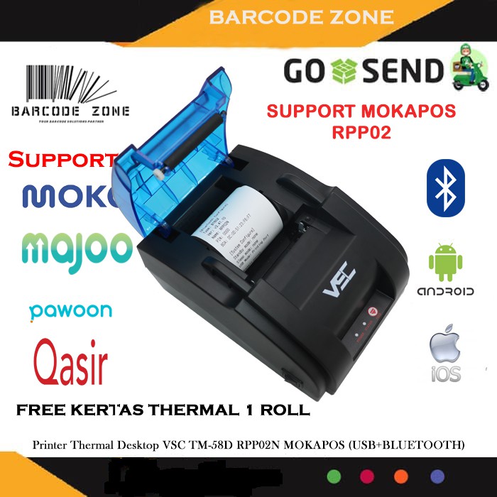 PRINTER BLUETOOTH DESKTOP THERMAL NO BATERAI KASIR PPOB 58MM VSC TM 58D