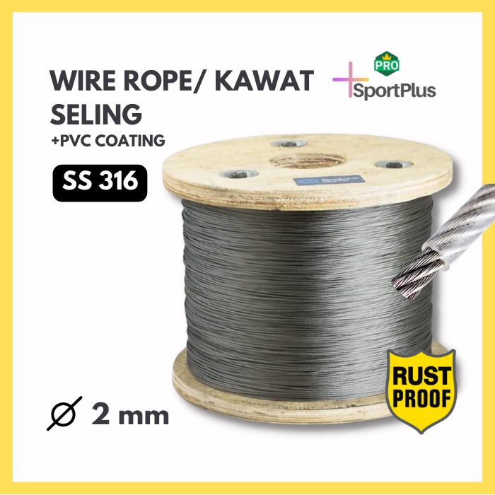 Jual Kawat Seling SS 316 PVC Wire Rope 7x7 Stainless 2mm Anti Karat