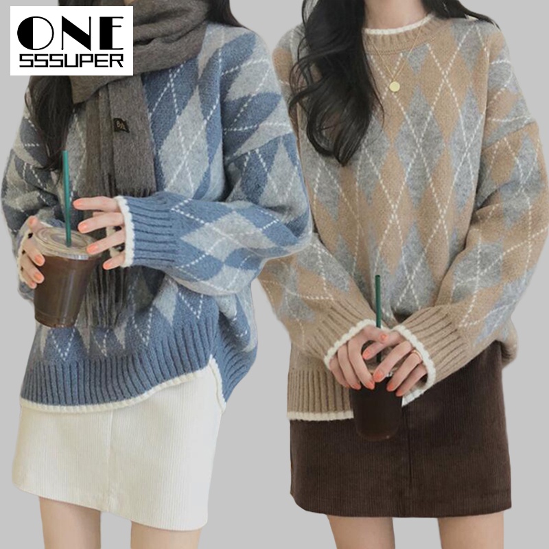 Jual Sweater Rajut Wanita Crewneck Lengan Panjang Sweater Kisi Berlian