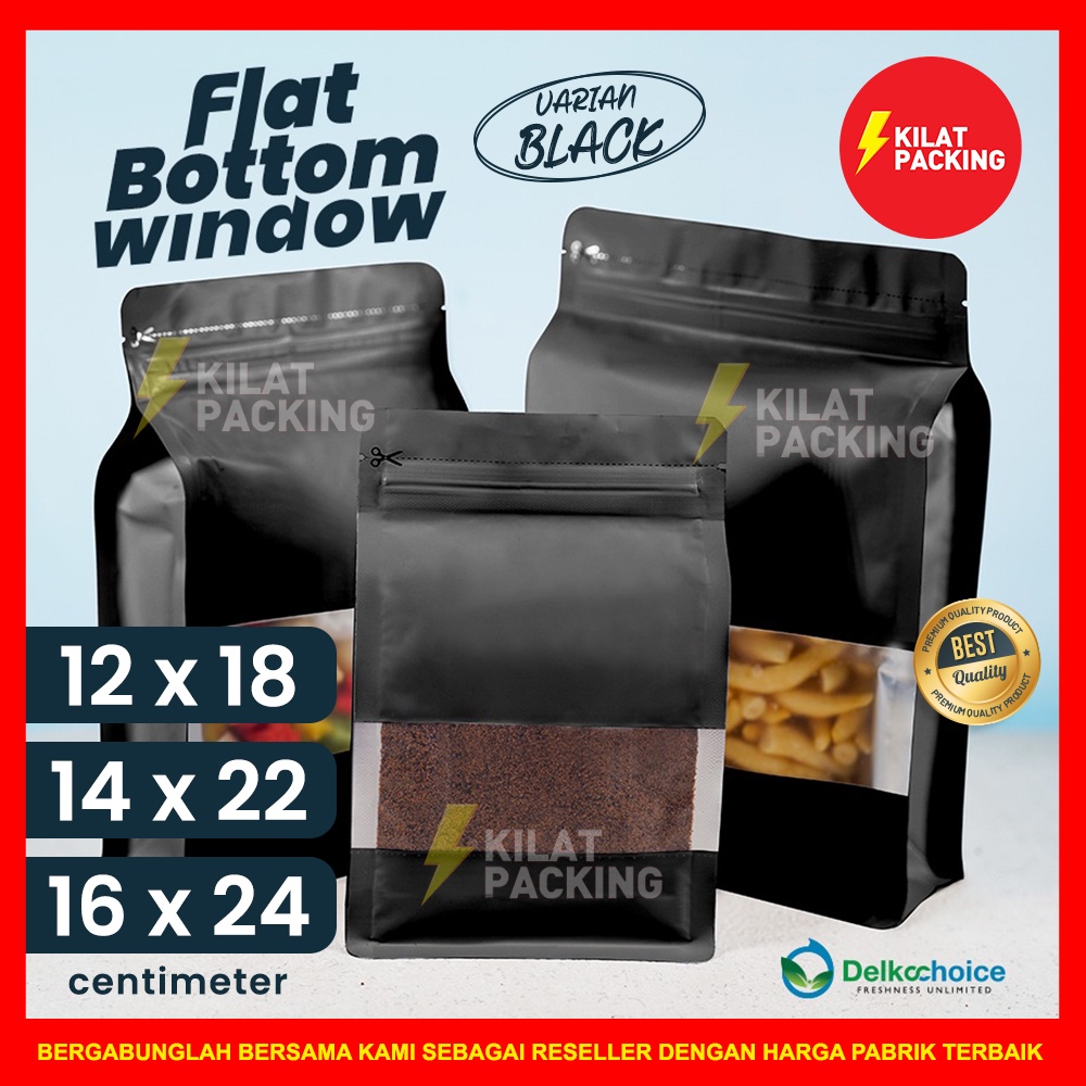 Jual Standing Pouch Flat Bottom Varian Window Hitam Alumunium Foil