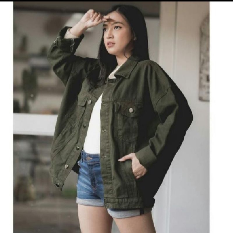 Jual Jaket Jeans Denim Korea Style Cewek Oversize Hijau Army BIG SIZE M