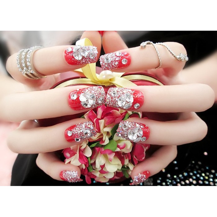 Jual Fake Nails Kuku Palsu Wedding Art Blink 3D Party Red Silver