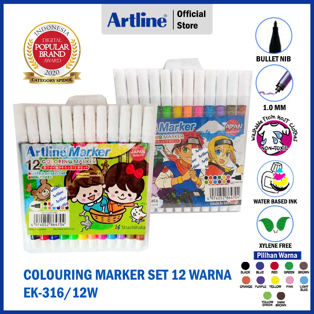 Jual ARTLINE Spidol Mewarnai Marker SET 12 Colours EK 316 12W Shopee