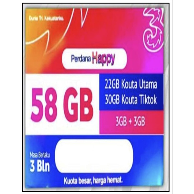 Jual Kartu Paket Perdana Tri 58GB 24 Jam Unlimited Tiktok Dan Khusus