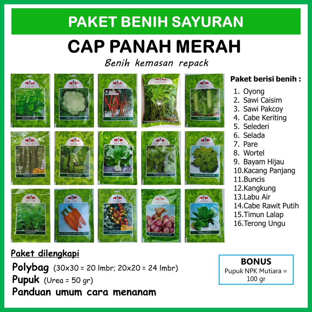 Jual Paket Benih Sayuran Cap Panah Merah Kemasan Repack Lengkap Polybag