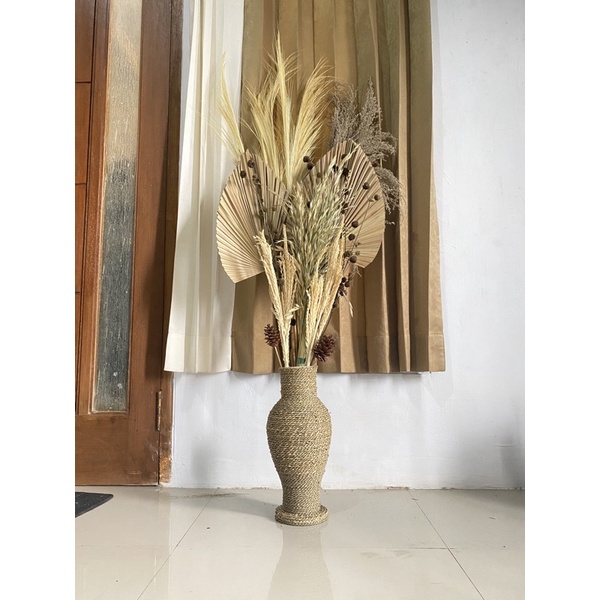 Jual Paket Daun Palem Kering Dan Pot Guci Tinggi 40cm Rayung Pompom