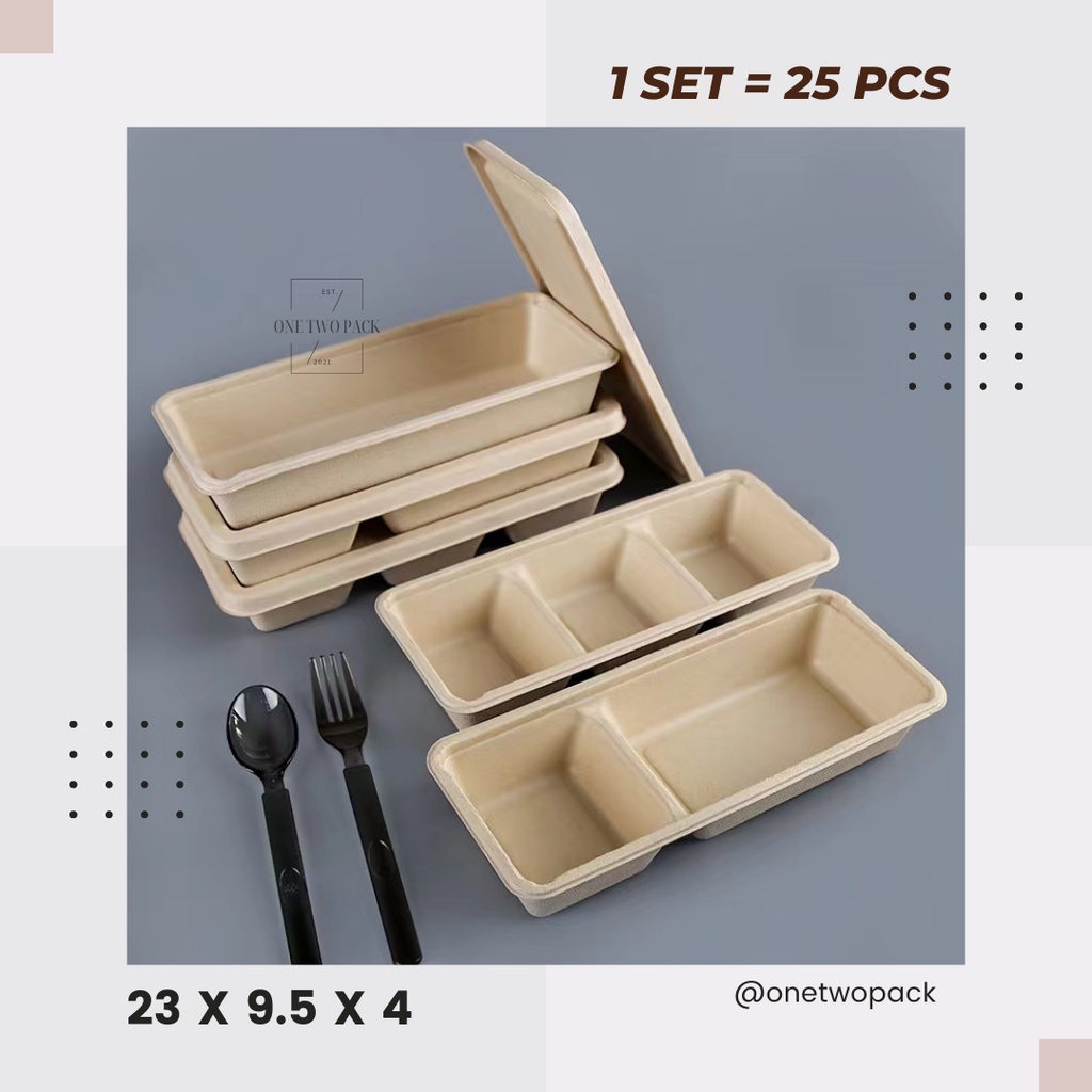 Jual 25 Pcs Bagasse Lunch Box Persegi Panjang 500 ML Dengan Sekat