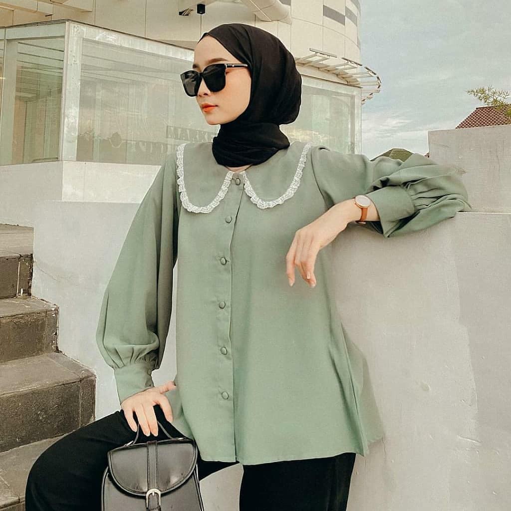 Jual Baju Atasan Wanita Anna Top Blus Blouse Kerah Renda Muslim Terbaru