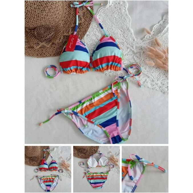 Jual BK 3301R XO GARIS WARNA WARNI BIKINI PANTAi SEGITIGA WITH FOAM