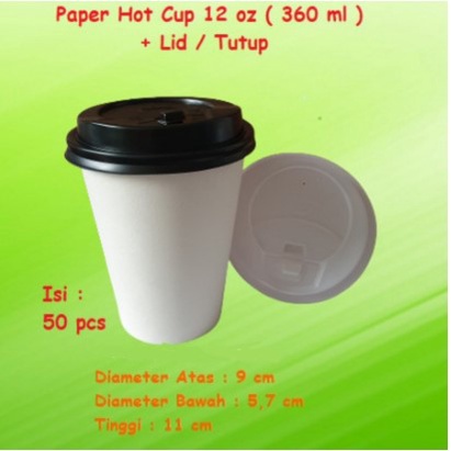 Jual Paper Hot Cup Gelas Kertas 12 Oz 360 Ml Tutup Isi 50 Pcs