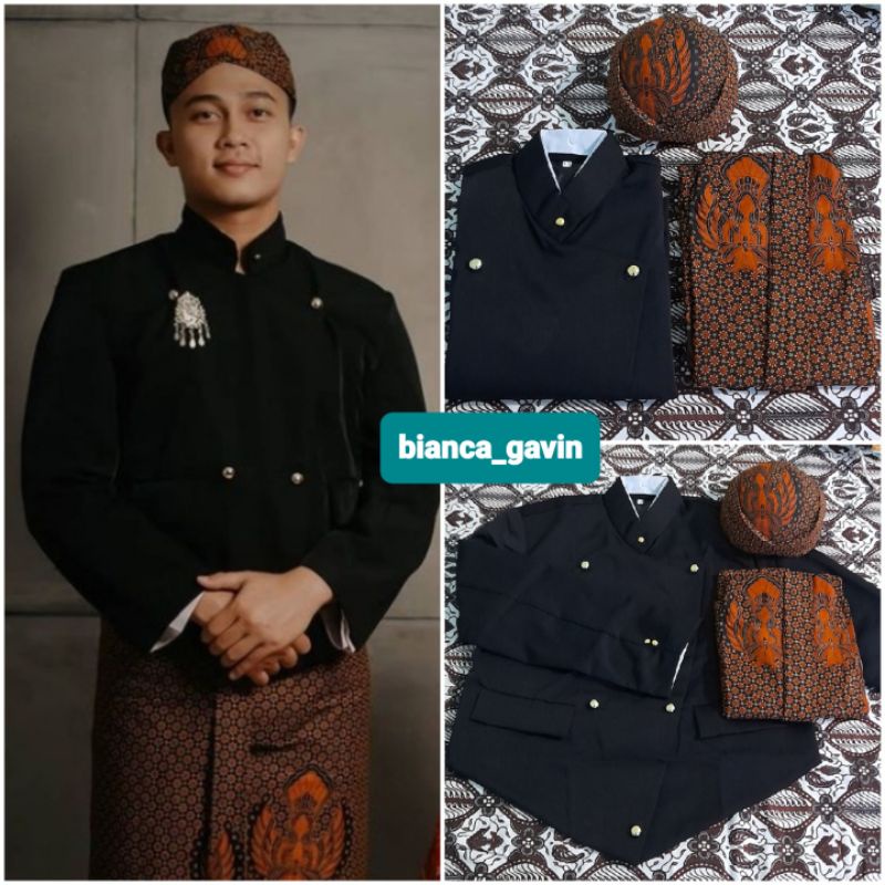 Jual Beskap Solo Hitam Jarik Instan Blangkon Motif Truntum Garuda