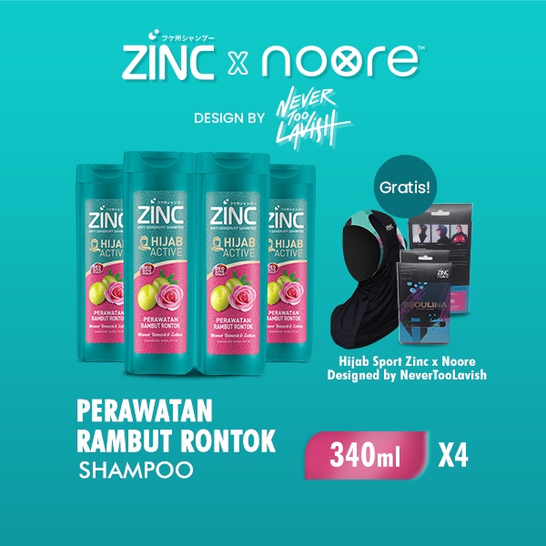 Jual SHAMPOO ZINC HIJAB ACTIVE PERAWATAN RAMBUT RONTOK 340ML X4 Free