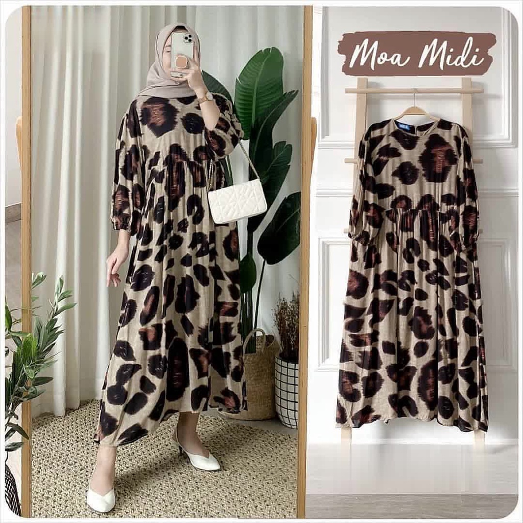 Jual Moa Midi Dress Rayon Motif Leopard Jumbo Ld Cm Gamis Homey