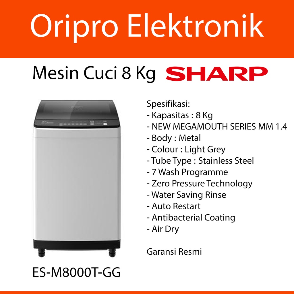 Jual Mesin Cuci 1 Tabung Top Loading 8 Kg Sharp Megamouth Series ES