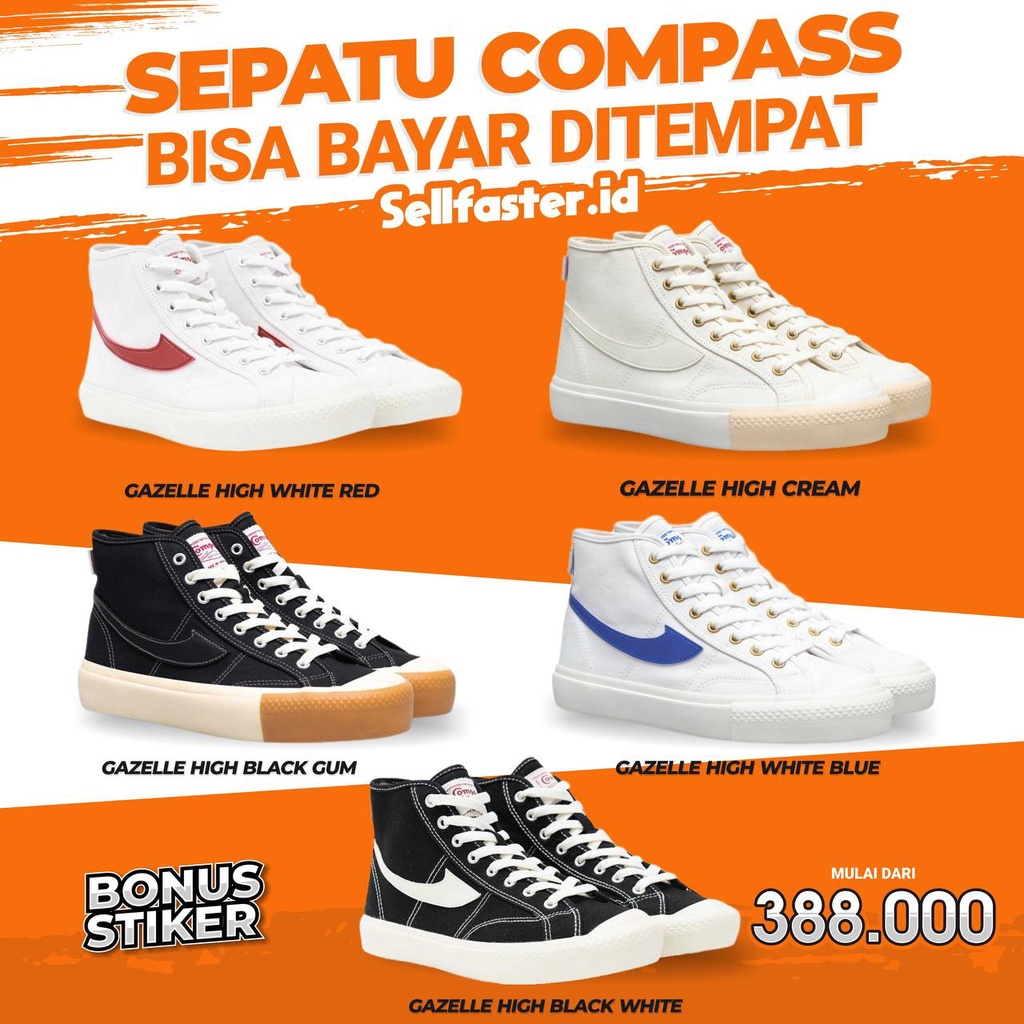 Jual Sepatu Compass Gazelle Hi High Black White White Blue Cream