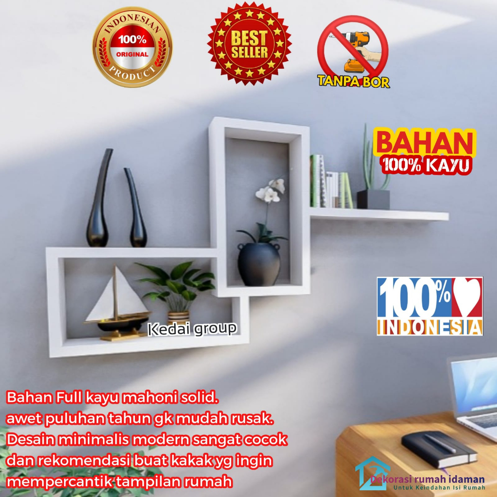 Jual Rak Dinding Kayu Minimalis Tempel Gantung Buku Kamar Ambalan Susun