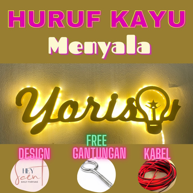 Jual Huruf Kayu Menyala Lampu Nama Wooden Name Hiasan Kamar