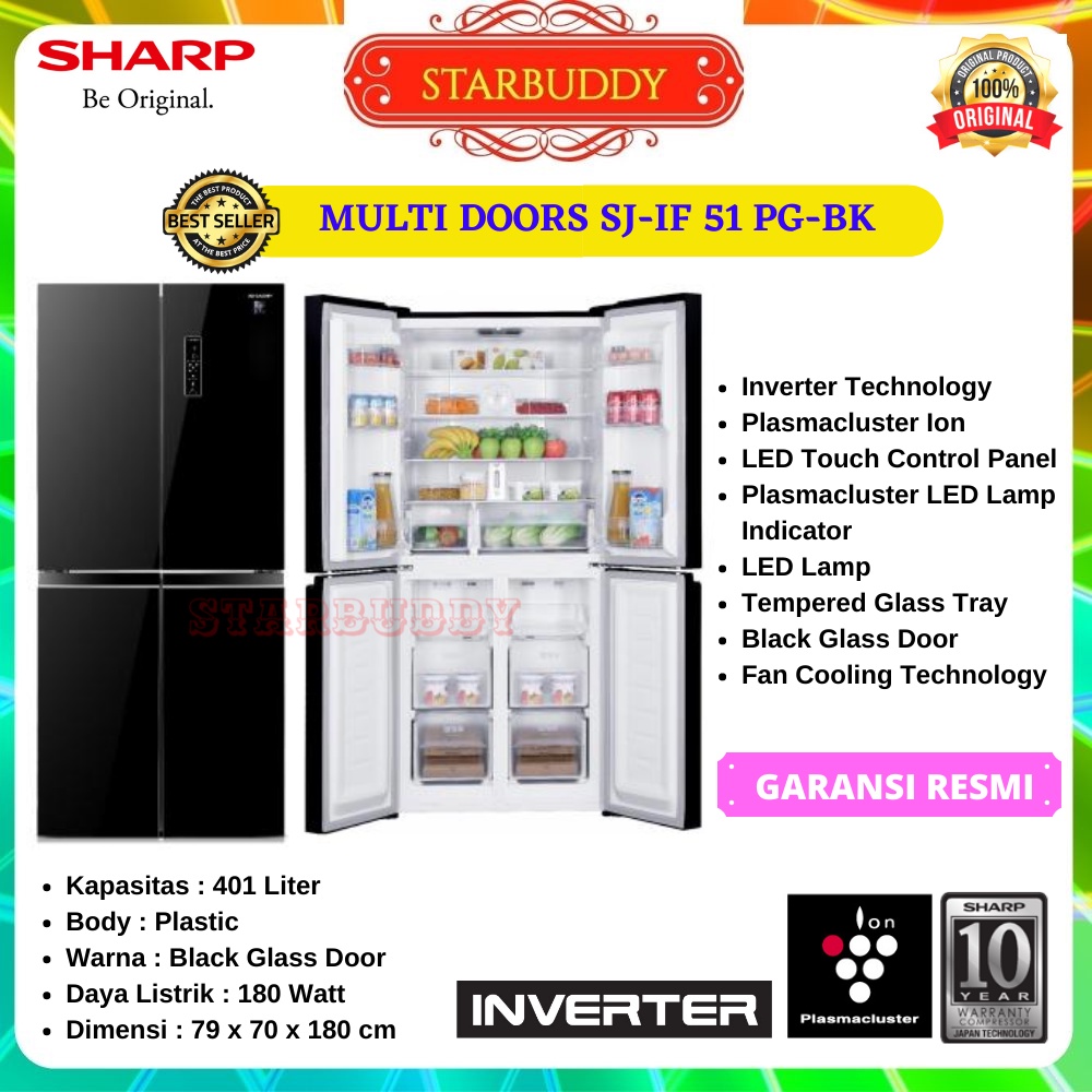 Jual KULKAS SHARP SIDE BY SIDE SJ IF51PG BK GLASSDOOR INVERTER