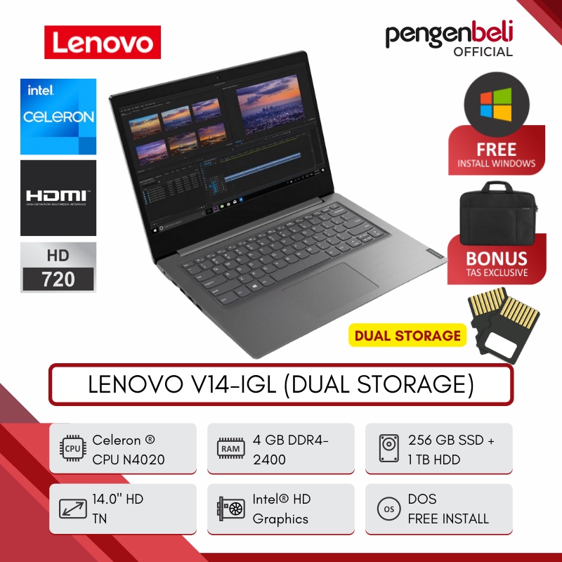 Jual LENOVO DOUBLE STORAGE V14 IGL SSD 256 GB HDD 1 TB CELERON N4020