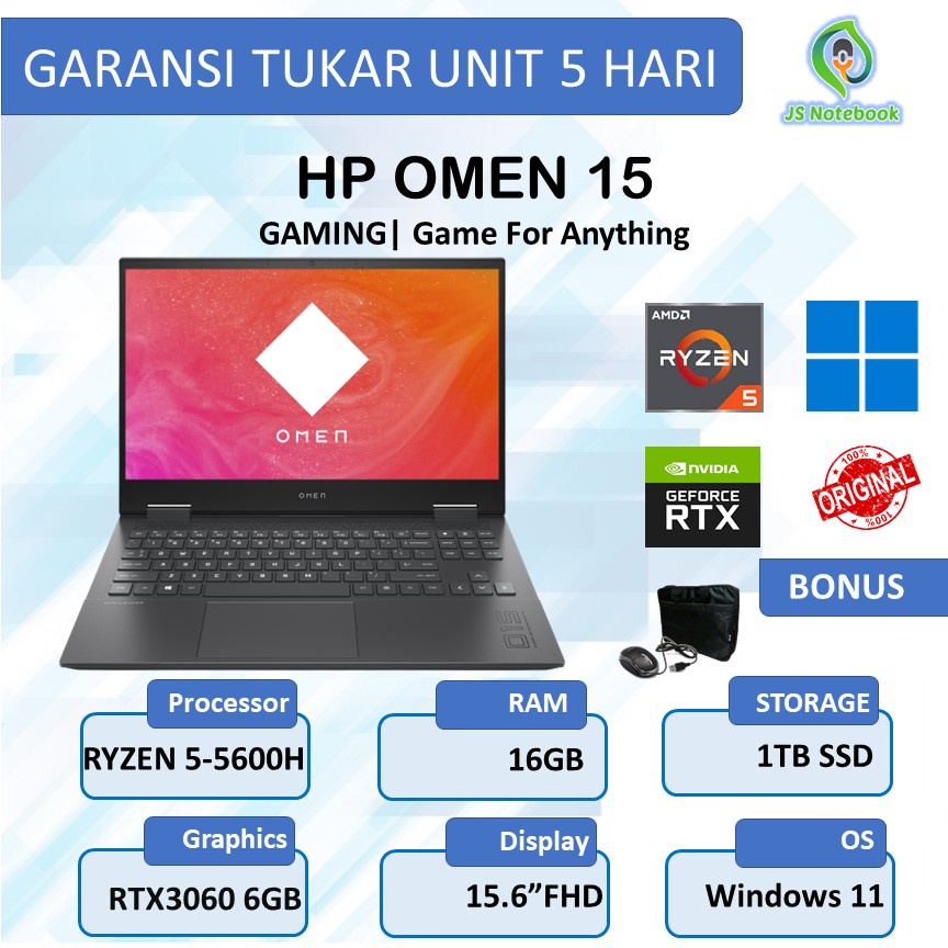 Jual HP OMEN 15 RTX3060 6GB AMD RYZEN 5 5600H 16GB 1TB SSD W11 15 6 FHD