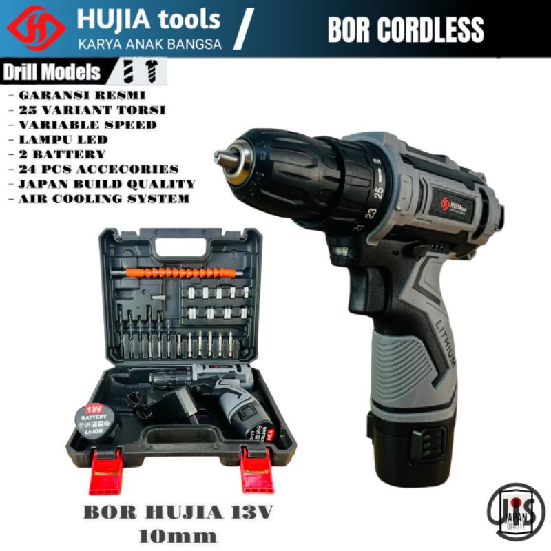 Jual Mesin Bor Baterai 13v HUJIA Cordless Drill 10mm Fullset Dan Fitur