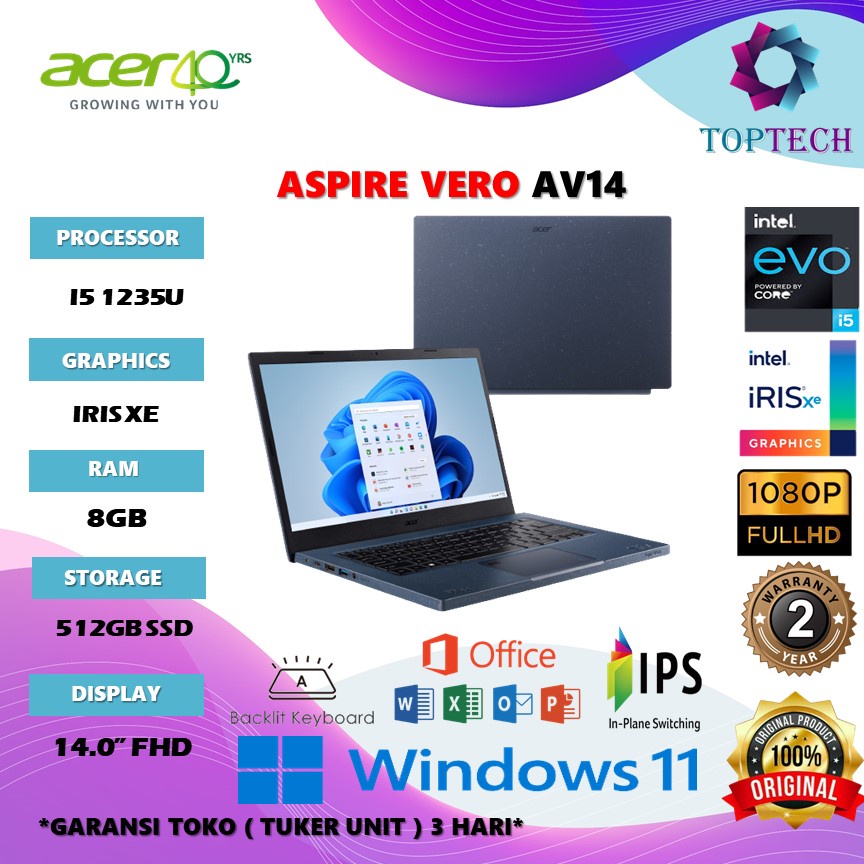 Jual Laptop Acer Aspire Vero AV14 Evo I5 1235U RAM 8GB 512GB SSD