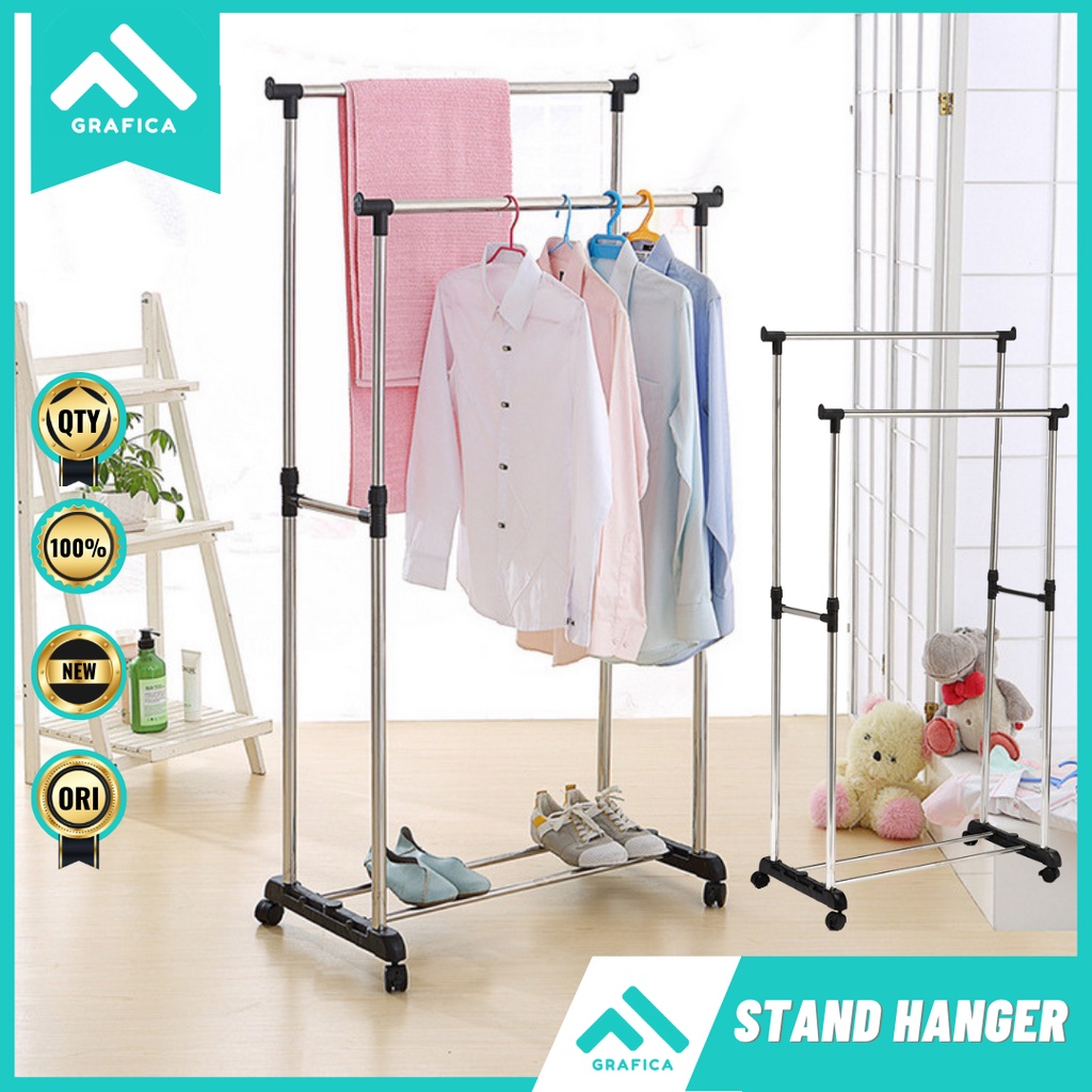 Jual STAND HANGER RAK JEMURAN DOUBLE KECIL RODA MURAH RAK HANGER BAJU