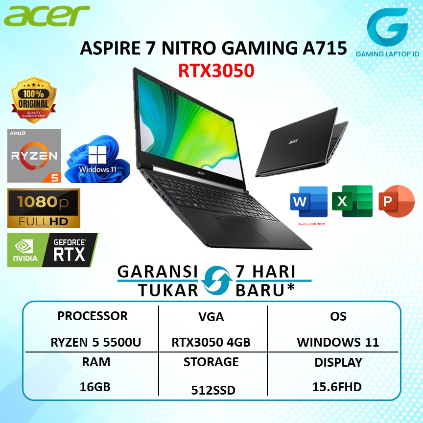 Jual ACER ASPIRE 7 NITRO GAMING A715 RTX3050 4GB RYZEN 5 5500U 16GB