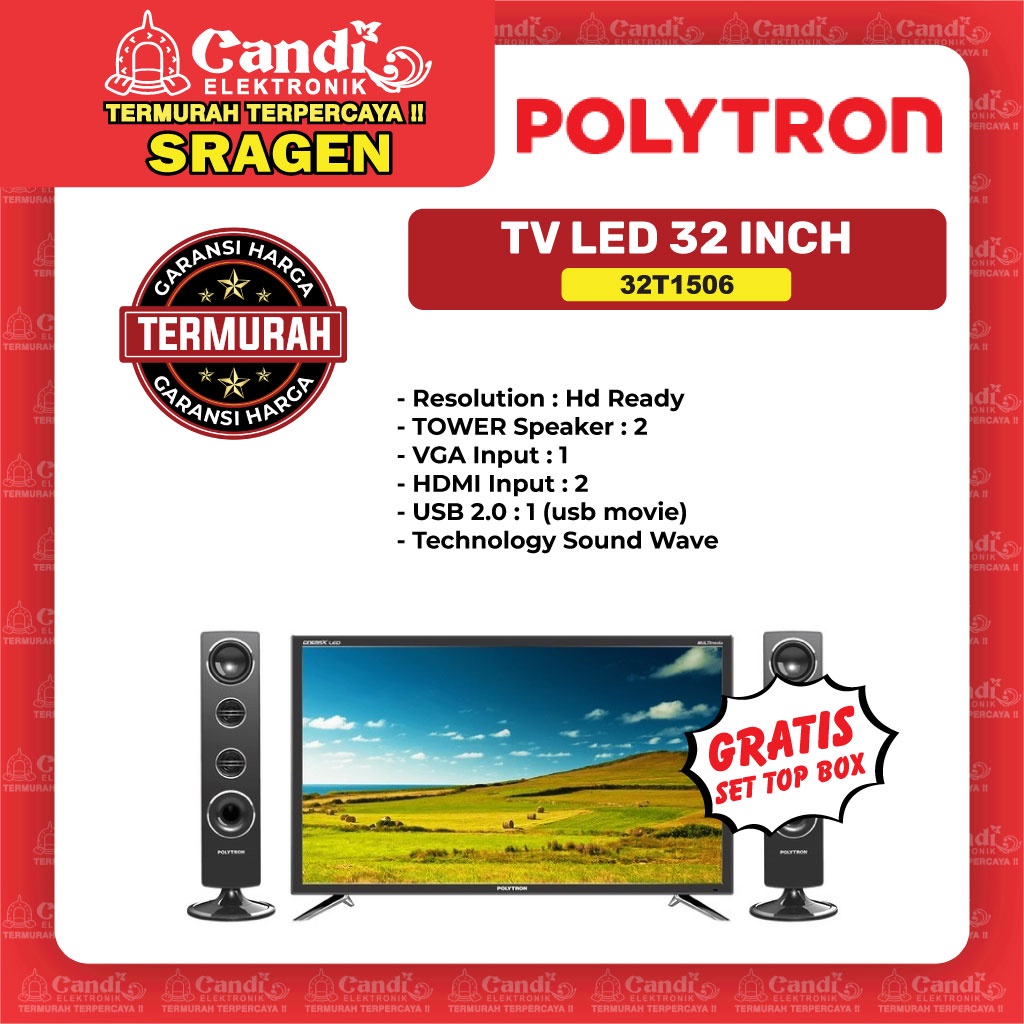 Jual POLYTRON TV LED 32 INCH TOWER SPEAKER GRATIS SET TOP BOX DIGITAL